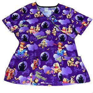 Disney Winnie the Pooh Happy Haunting HALLOWEEN Purple Scrub Shirt Medium